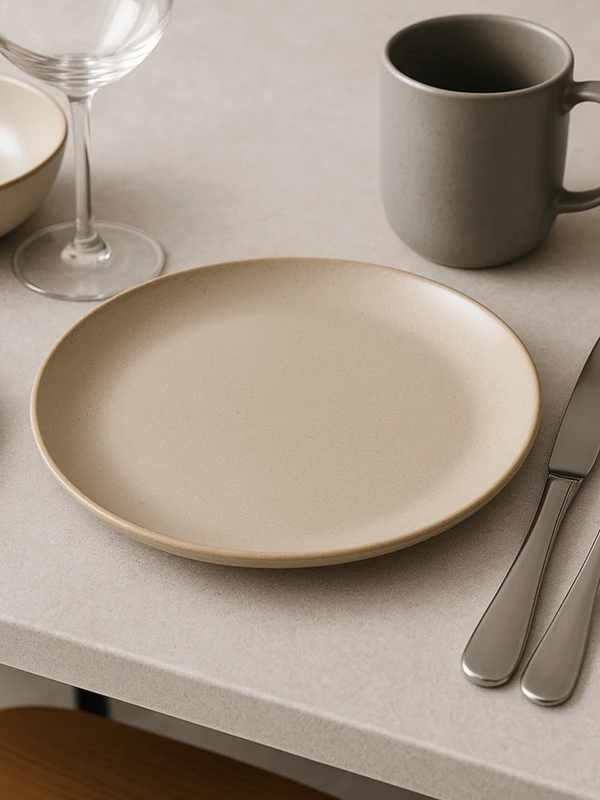Matowy, beżowy ceramiczny talerz leży pośrodku jasnoszarego blatu. Minimalistyczna aranżacja stołu obejmuje szary kubek, srebrne sztućce oraz pusty kieliszek.