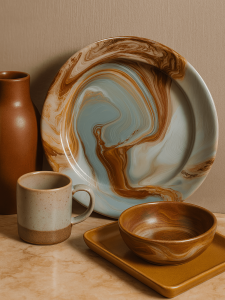 Duży ceramiczny talerz dekoracyjny o brązowo-szarym, marmurkowym wzorze opiera się o beżową ścianę na marmurowym blacie. Rustykalna aranżacja obejmuje brązowy wazon ceramiczny, nakrapiany kubek, kwadratowy talerz oraz drewnianą miskę.