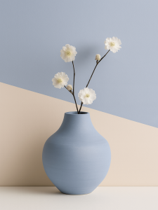 Matowy, jasnoniebieski wazon ceramiczny z delikatną gałązką o białych kwiatach stoi na blacie. na tle dwukolorowej z wyraźnym odcięciem pod kątem pomiędzy beżowym i jasnoniebieskim kolorem.